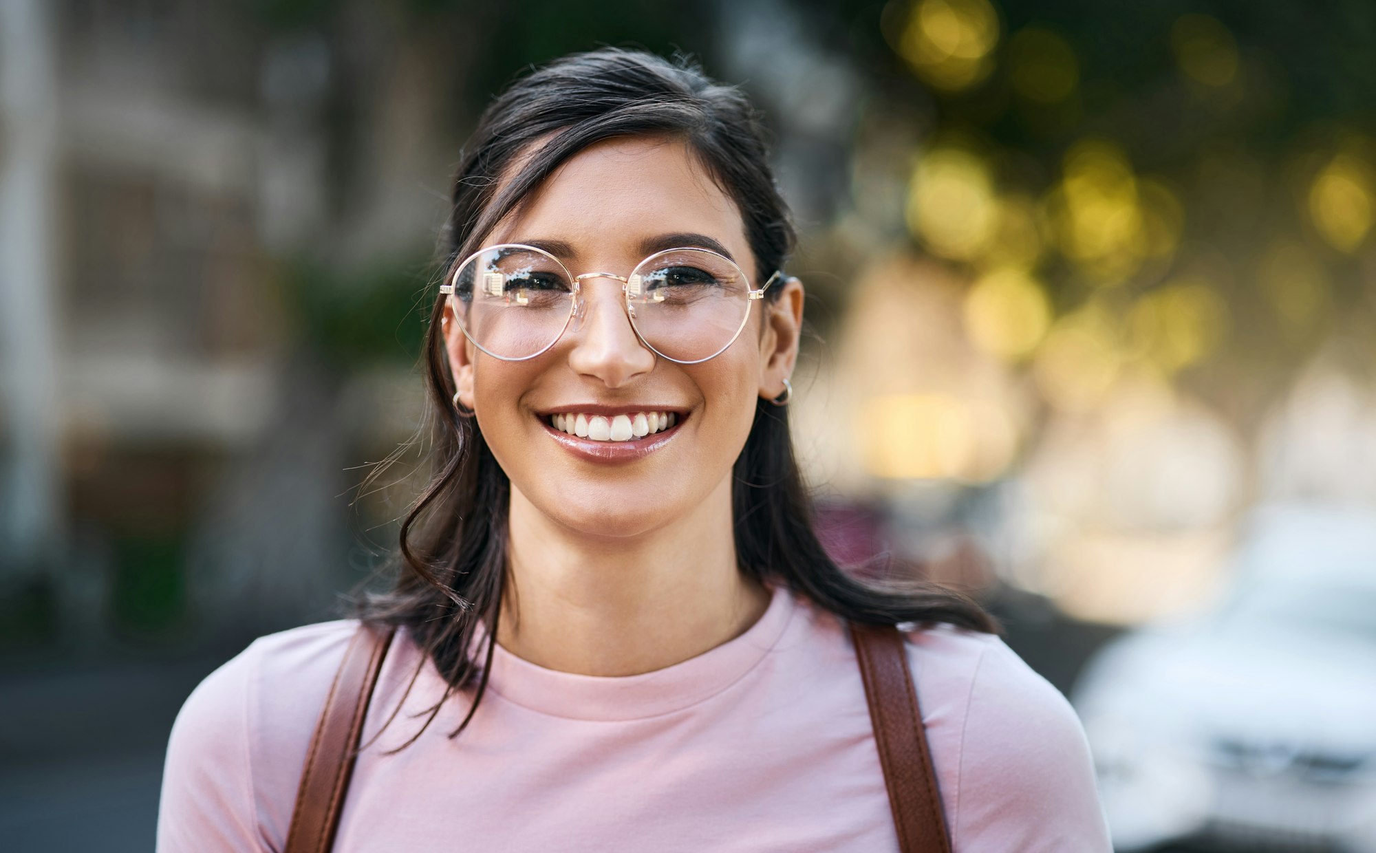 Mockup, portrait and woman in a city for travel, holiday and vacation on blurred background. Face,